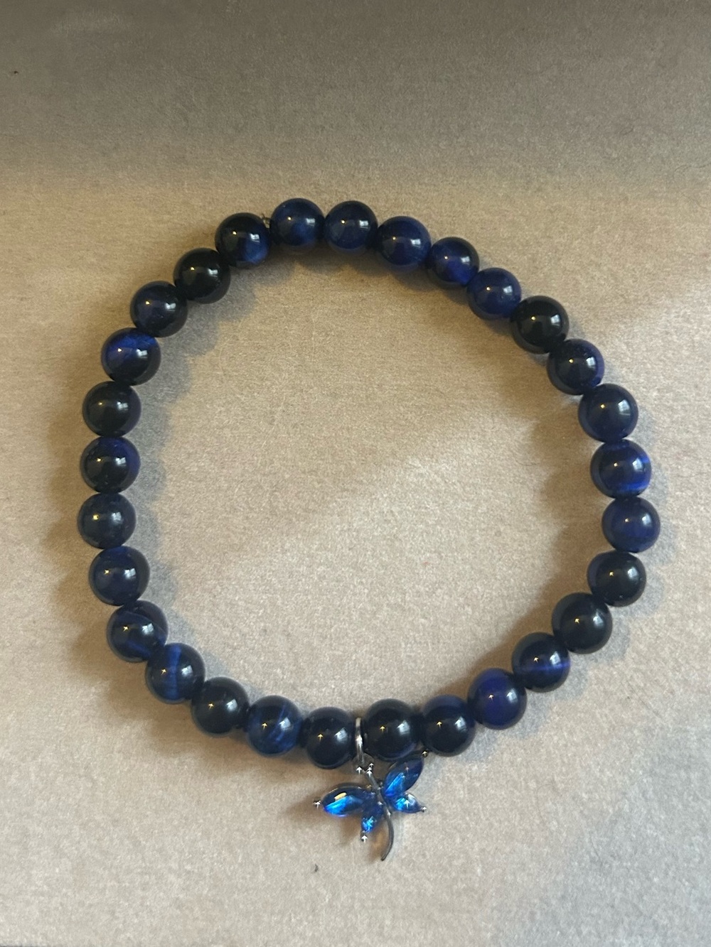 Blue Tigers Eye Crystal Stretch Bracelet with Charm - Handmade